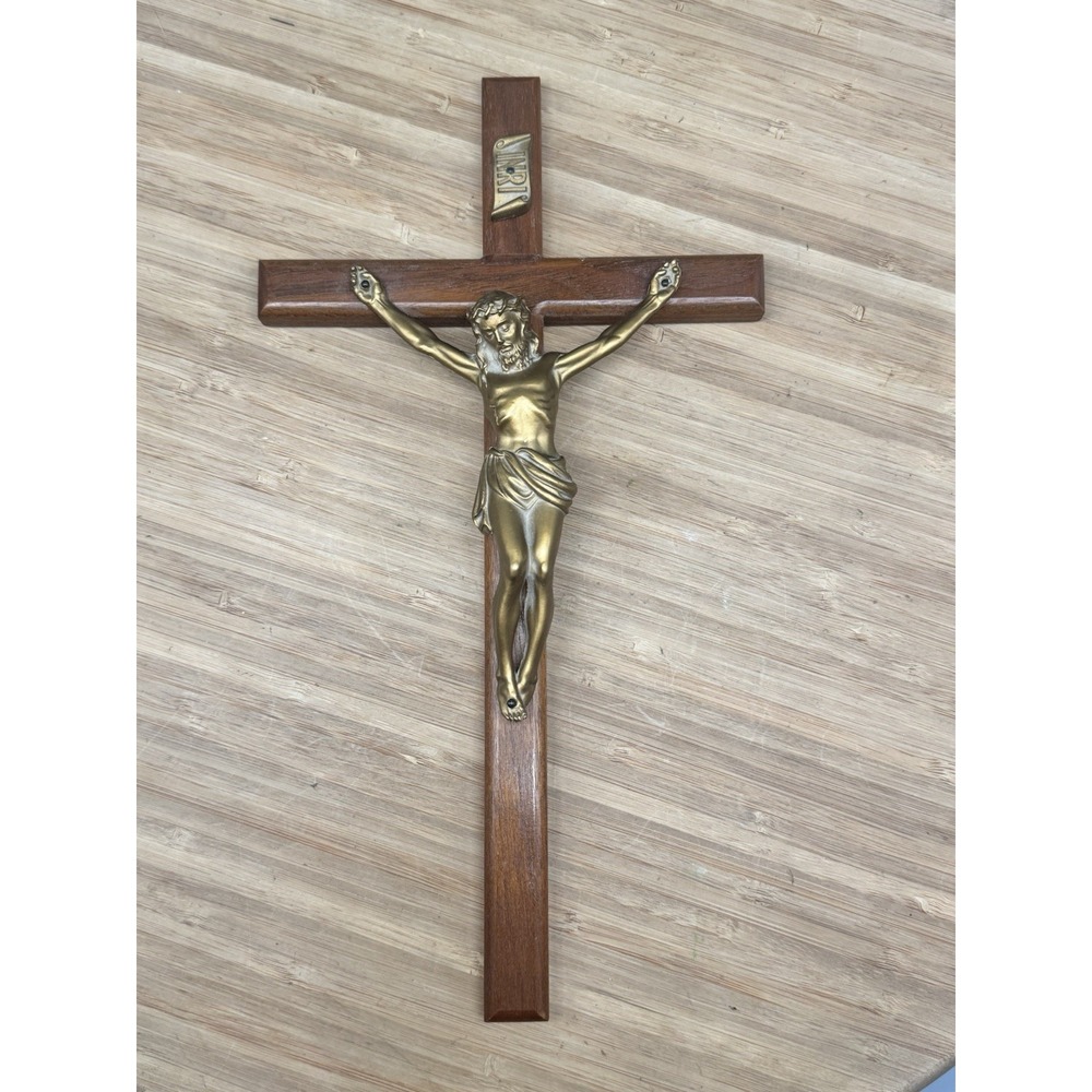 Vintage Wooden Wall Crucifix Cross Brass Jesus INRI Catholic Christian